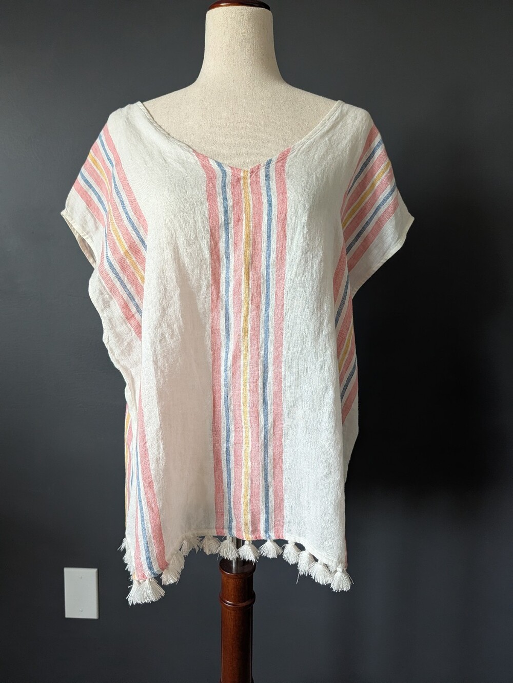 Antibes Blanc 100% Linen Muted Rainbow Fringe Summer Top Women's L
